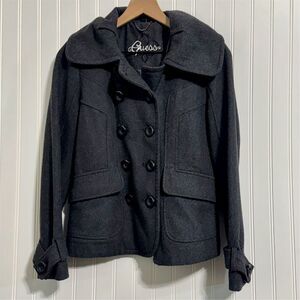 Guess Peacoat Small Charcoal Gray Wool Blend Double Breasted Dark Academia Mod